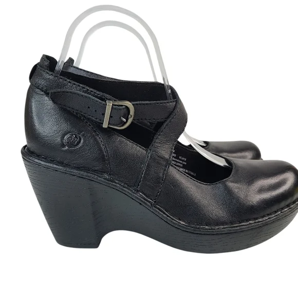 Born Black Leather Mary Jane Cross Strap Wedges Women's Size 7.5 - Picture 2 of 14